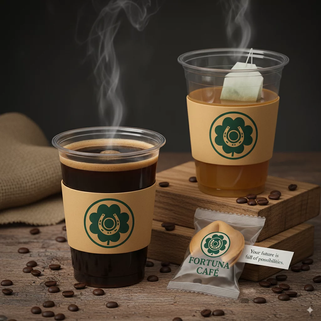 Deux gobelets Fortuna-Café, café et thé, avec un fortune cookie