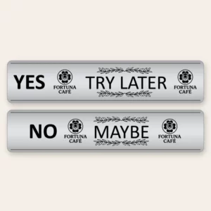 Bague Décision Maker Fortuna-Café : marquage YES, TRY LATER, NO et MAYBE entre les logos Fortuna-Café